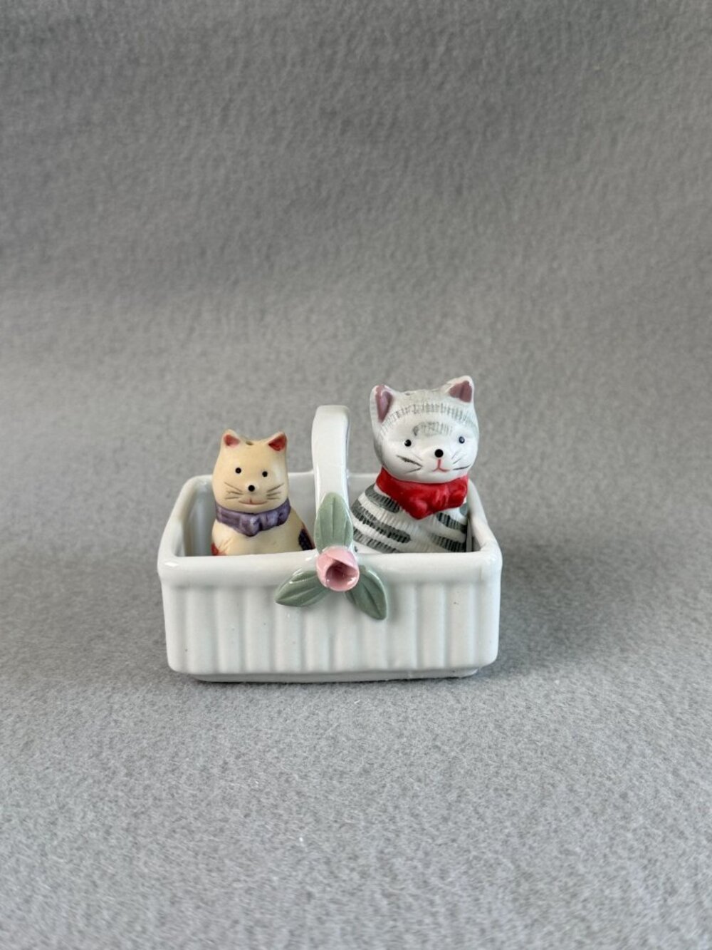 Vintage Ceramic Cat Figurines In Basket - Grey Tabby & Cream Cat With Floral Det